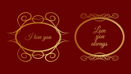 Valentines Day text in a vintage Golden Round frame. Design banner invitation card recognition web page. Vector illustration.