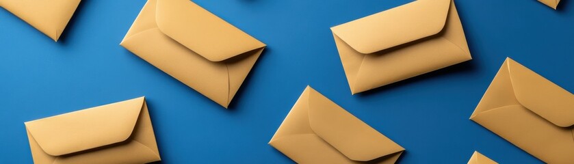 A collection of yellow envelopes scattered on a blue background, creating a vibrant and visually appealing composition.