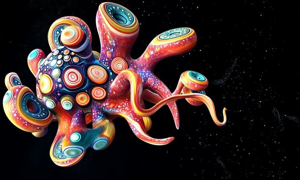 Psychedelic octopus in space, vibrant colors, intricate details.
