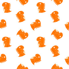 Dinosaur orange color cartoon so cute. On white background. Pattern seamless vector illustration. 
