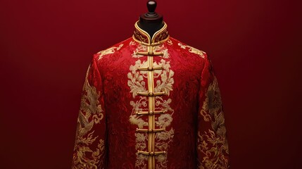 Obraz premium Intricately Designed Red Chinese Jacket with Gold Embroidery Showcasing Traditional Elements and Rich Cultural Heritage Against a Simple Background