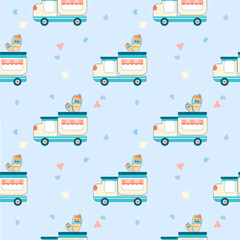 Ice cream truck cartoon so cute. On heart geometry background. Pattern seamless vector illustration. 