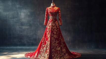 Elegant Red Dress with Golden Embroidery on a Mannequin Against a Dark Background, Perfect for Fashion Photography or Event Styling