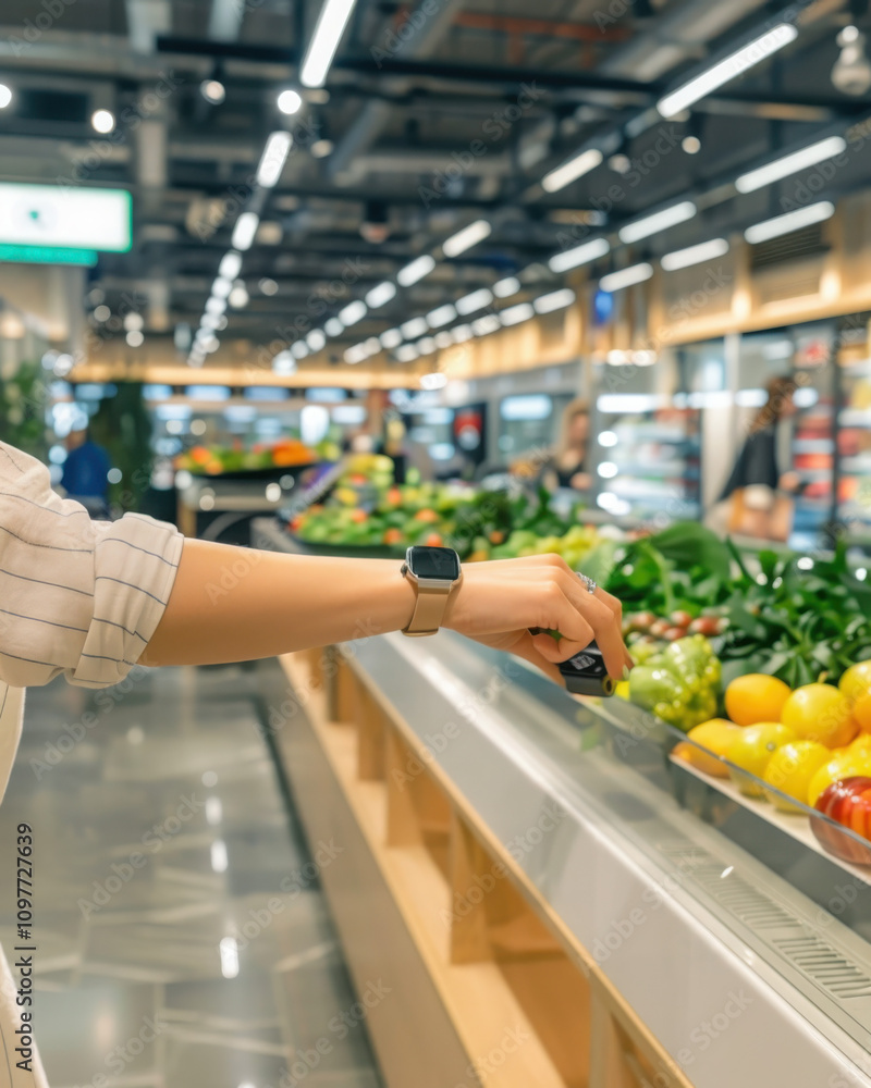 Poster shopper using smartwatch for contactless payment at modern checkout counter emphasizing speed and co