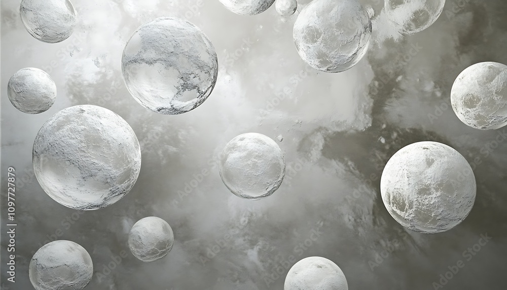Poster abstract representation of floating spheres in a cloudy atmosphere.