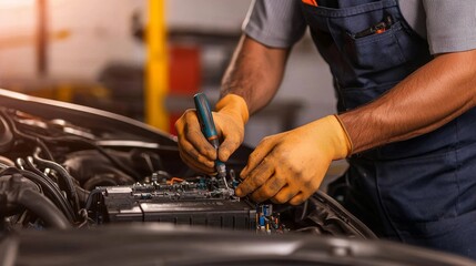 Obraz premium A car mechanic skillfully repairs an engine in a workshop, showcasing precision and attention to detail while using tools for automotive maintenance.