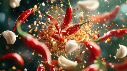 Bright red chili peppers and garlic cloves tumbling through the air, with flakes of dried chili and pepper powder spiraling around them, contrast dramatic look spice-infused restaurant menu