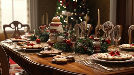 Detail of dining room table decorated for festive Christmas party with cookies and decorations
