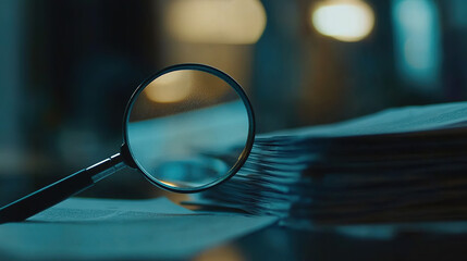 A magnifying glass reveals financial irregularities hidden in a pile of documents, highlighting secrecy and deception in a dimly lit office setting.