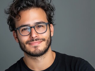 Obraz premium Young man with curly hair and glasses smiling against gray background