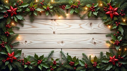 Christmas Wooden Background with Holly, Mistletoe & Decorations