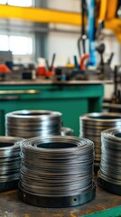 Close-Up View of Coiled Steel Wire Spools Stacked on a Workbench in a Modern Industrial Workshop with Equipment and Tools in Background