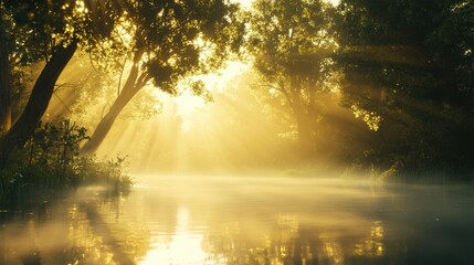 Fototapeta premium Serene river scene with golden sunlight filtering through trees.