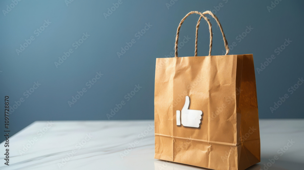 Poster visual metaphor of like icon transforming into shopping bag symbolizing social interaction and consu