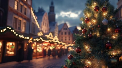 European Christmas city with festive fair or market in the evening. Christmas tree with beautiful balls on foreground. Holiday background.