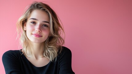 Fototapeta premium Young woman with wavy hair smiling against a soft pink background
