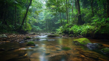 Serene forest stream surrounded by lush greenery and tranquil atmosphere.