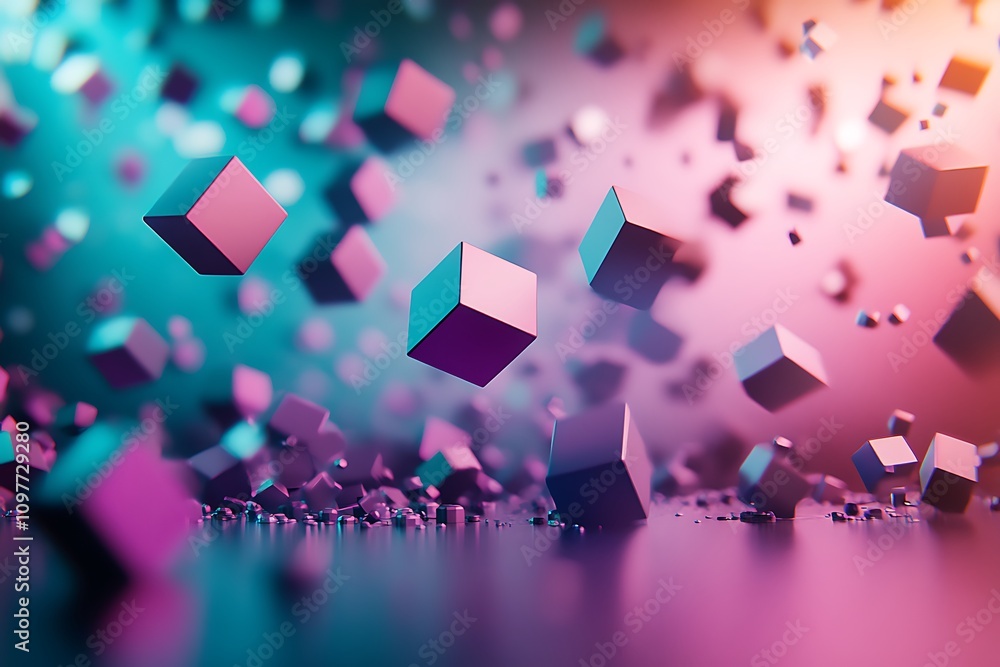 Aufkleber abstract scene with floating cubes in vibrant colors and a blurred background.
