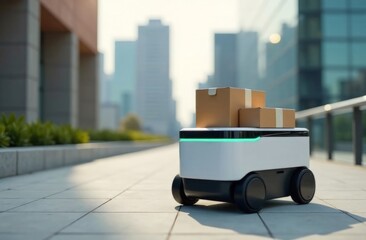 A futuristic delivery robot carrying cardboard boxes autonomously on a city sidewalk with modern buildings in the background, symbolizing innovation in logistics and urban technology. defocus