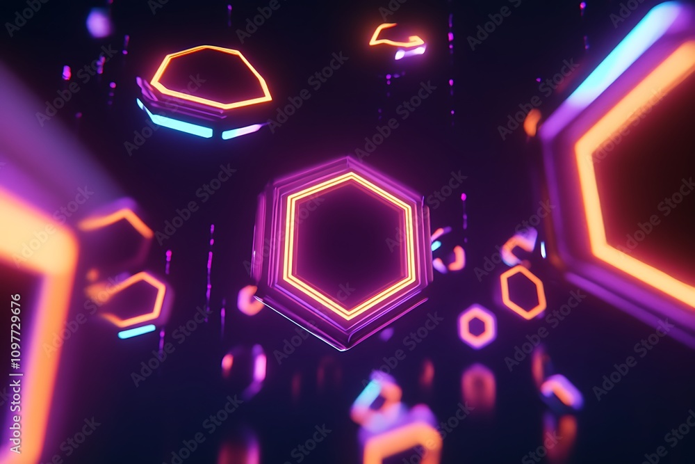 Poster abstract neon hexagons in a dark space, creating a futuristic atmosphere.