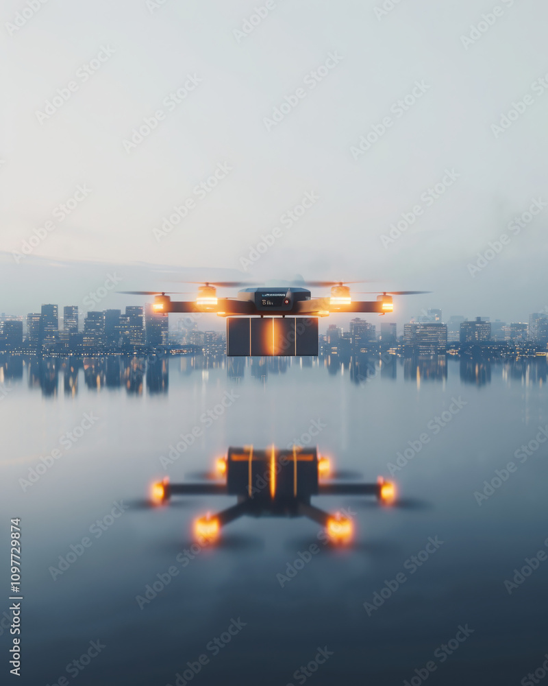 Poster delivery drone hovering over modern cityscape with glowing package symbolizing fast service