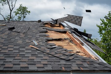 A roof severely damaged by strong winds, with missing shingles and exposed wooden beams. The destruction highlights structural vulnerabilities, suitable for insurance claims and repair assessments.