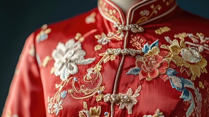 Traditional Chinese Silk Dress Embroidery Details Featuring Vibrant Floral Patterns and Elegant Trimmings in Rich Red Color for Fashion and Cultural Representation