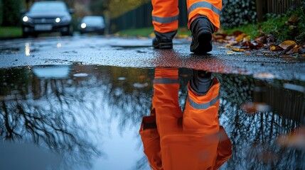 Rainy Day Worker  Safety Gear Reflection in Puddle