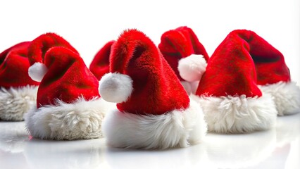 Festive Santa Hats Arrangement on White Background - Playful Christmas Holiday Decor with Red Felt and Fluffy Fur for Seasonal Celebrations and Festive Cheer