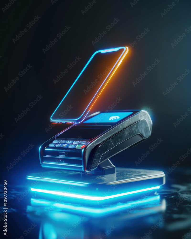 Poster contactless payment terminal glowing softly modern setting stock image technology environment minima