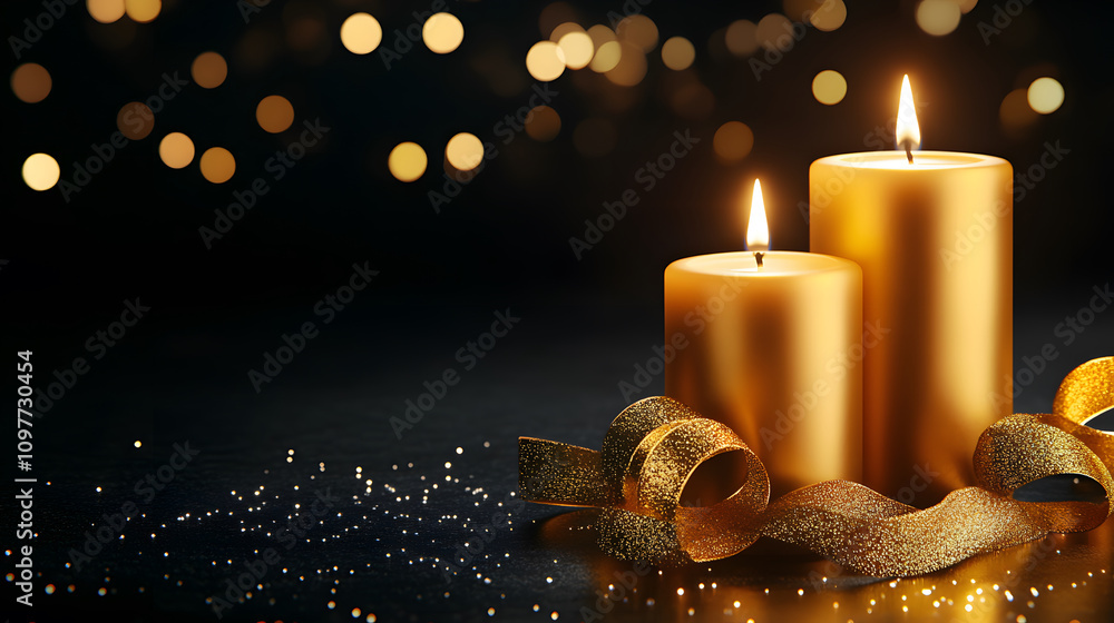 Poster two elegant golden candles glow softly, surrounded by shimmering lights and a decorative ribbon, cre