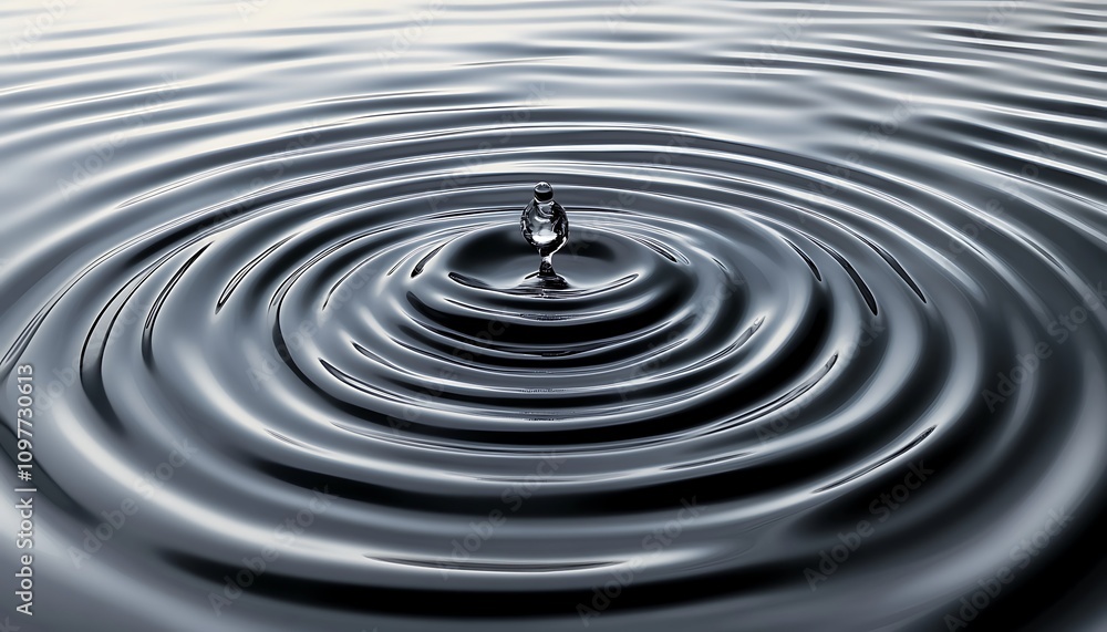 Poster a close-up of a water droplet creating ripples on a smooth surface.