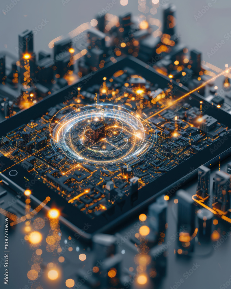 Poster showcasing ai-generated product recommendations on a tablet in a tech-inspired environment for a cle