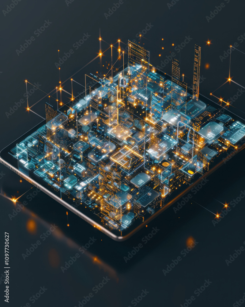 Poster showcasing ai-generated product recommendations on a tablet in a glowing tech-inspired environment f