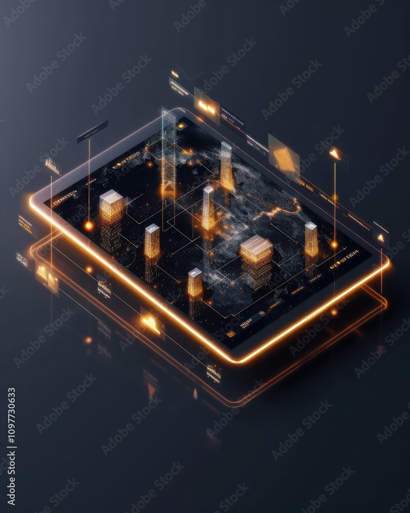 Poster showcasing ai-generated product recommendations digital tablet display interactive interface glowing