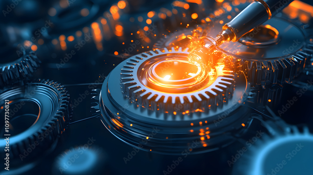 Poster a close-up view of intricate metallic gears with glowing accents, showcasing a dynamic interplay of 