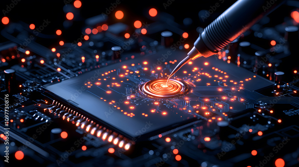 Poster a close-up of a microchip being soldered, with glowing circuits and sparks, showcasing the intricate