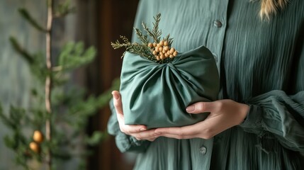 Furoshiki tissue wrapping of presents. Female hand holding a gift in eco friendly reusable fabric package. Small business, ethical shopping idea. Presents packed in plastic free. Zero waste lifestyle