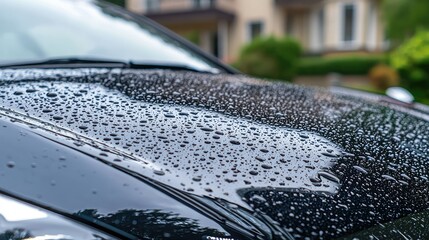 Close-up View of Water Droplets on a Black Car Hood After Rain with Soft Bokeh Background Creating a Serene and Refreshing Atmosphere