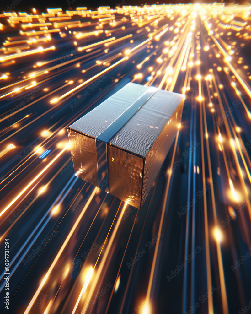 Poster rapid delivery icon overlaying package with glowing speed lines symbolizing fast shipping in a digit