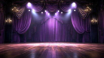 A luxurious purple stage curtain with a polished wooden floor, illuminated by dramatic spotlights, creating an atmosphere perfect for grand theatrical performances and artistic showcases