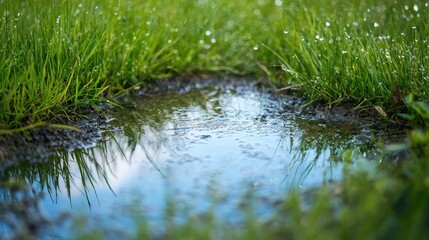 Fototapeta premium Early Morning Dew on Grass with Reflections in a Calm Puddle Surrounded by Lush Greenery, Capturing Nature's Serenity and Beauty in a Captivating Landscape