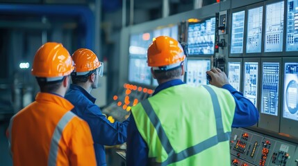 Workers in Safety Gear Monitoring Control Panels in Industrial Setting with Orange Helmets and Reflective Vests Inspecting Operations in Modern Facility