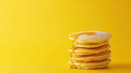 Delicious Stack of Pancakes with Syrup Yellow Background Breakfast Food