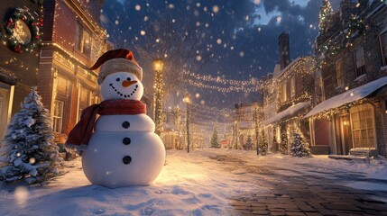 Obraz premium Happy snowman standing in winter christmas town street