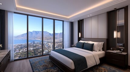 Luxury Penthouse Suite Bedroom City View  Modern Design  Panoramic Window