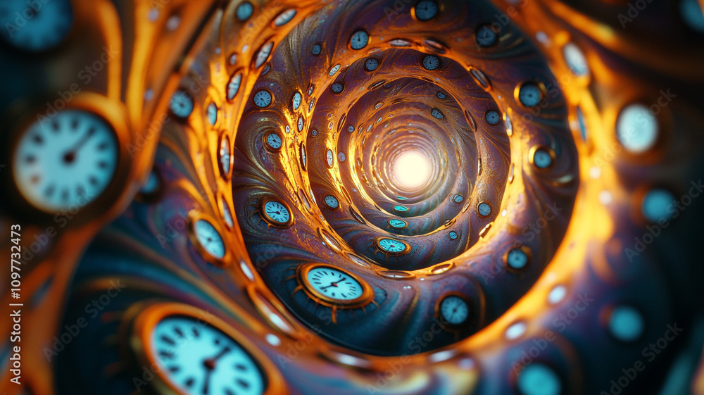 Poster swirling vortex of time with multiple clocks in a surreal tunnel