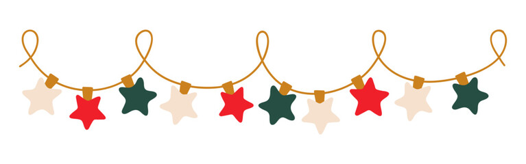 Christmas lights garland with colored star bulbs. Xmas festive string decoration with hanging retro ball. Glowing string with lamps for holiday cards, banners, posters, web. Vector illustration.