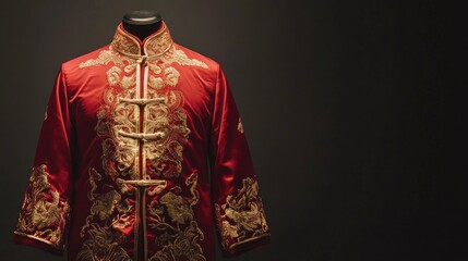 Elegant Red Chinese Jacket with Intricate Gold Embroidery Displayed on a Black Background, Symbolizing Traditional Culture and Fine Craftsmanship in Fashion