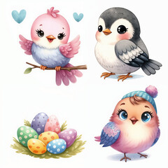 Cute cartoon birds with various colors and expressions on white background. AI